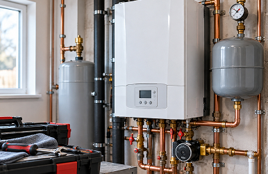 Plumber's toolbox beside a wall-mounted boiler by boiler repair in Westchester NY