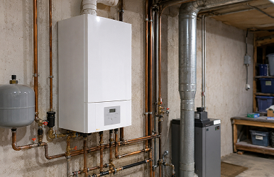 White wall-mounted boiler with copper pipes by boiler repair and replacement in Westchester NY